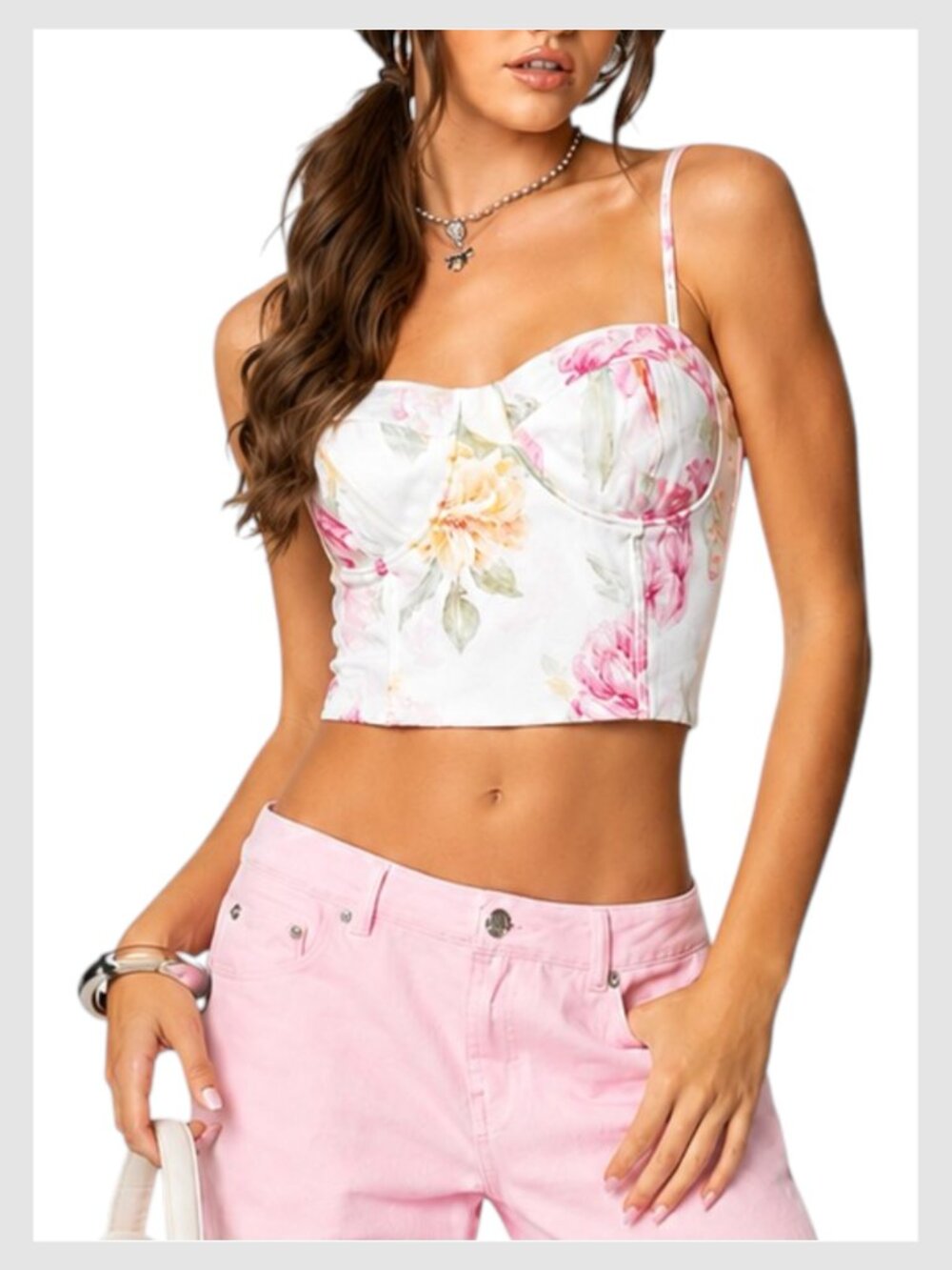 Antonio Melani Floral Corset Bustier Crop Top Pink Watercolor 2 S
